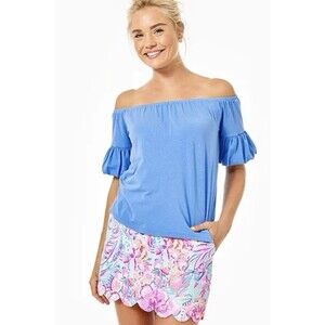 Lilly Pulitzer Samia Top Blue Pima Cotton Off-shoulder Balloon Sleeves